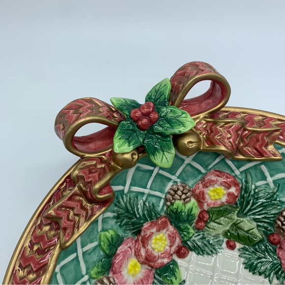 Fitz and Floyd Christmas Candy Bowl 1996 Wreath Mistletoe Floral Hand Painted - Picture 5 of 8